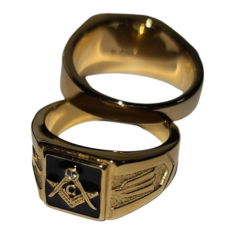 Masonic Logo Ring Black Enamel Stainless Steel TK316 High Polish  Gold